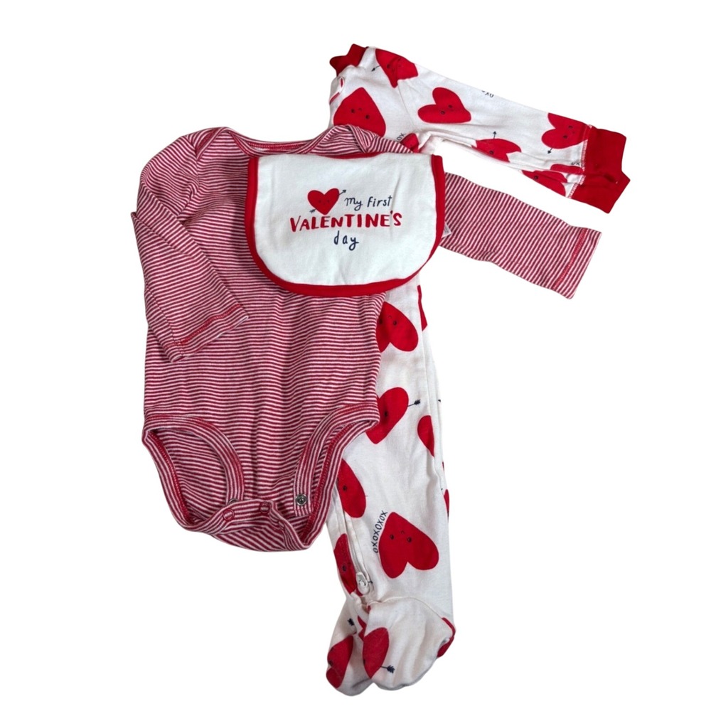 Carters 9m Valentines Day Bundle Red Stripe Bodysuit Pajamas Baby's 1st Bib